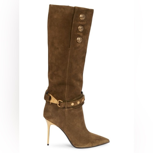 Balmain Robin Suede Knee High Boots Khaki Gold Women’s EU 37/US 7 - Picture 1 of 11